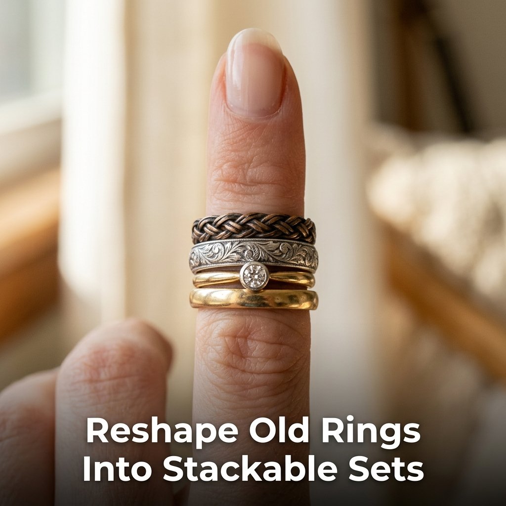 A hand wearing four resized vintage rings including a thin gold band, an engraved silver ring, and a small turquoise stone setting