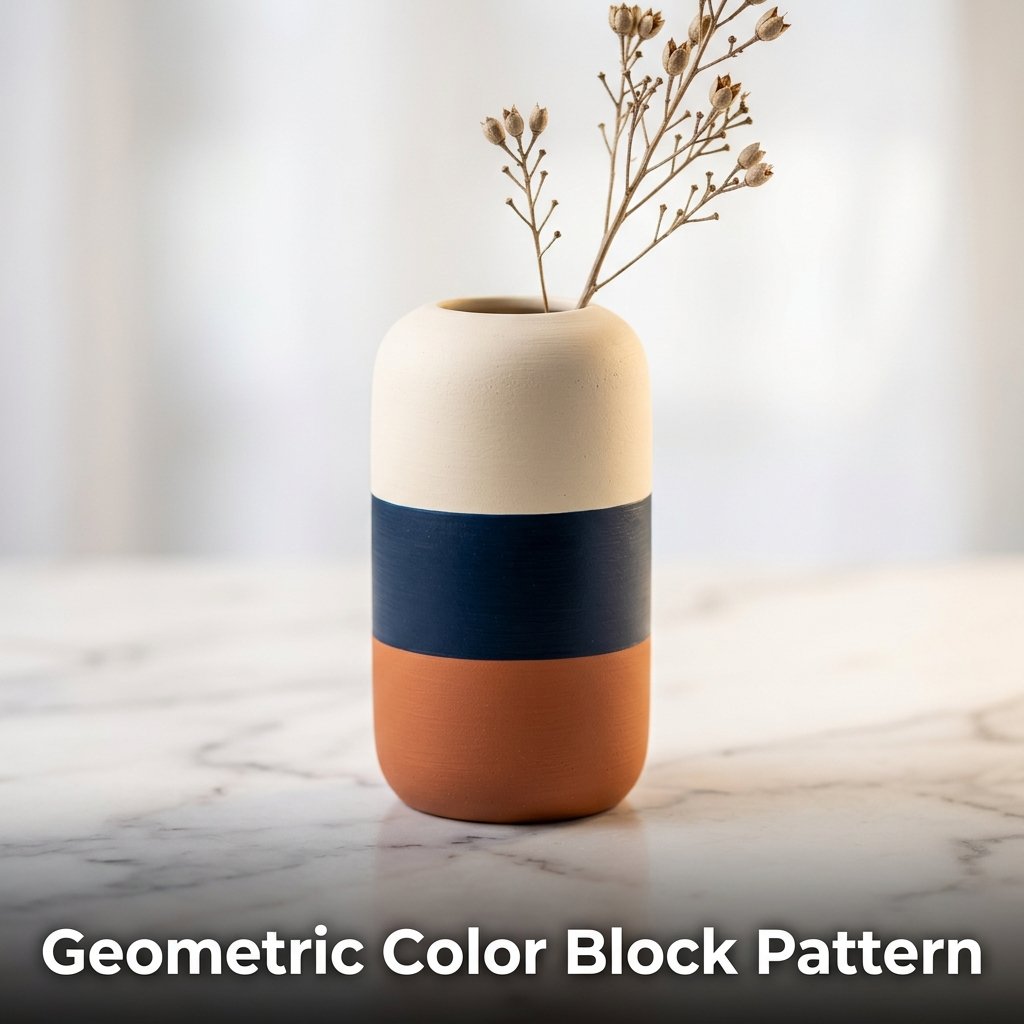 A modern ceramic vase decorated with perfectly crisp, straight sections of deep navy blue, warm terracotta, and cream paint.