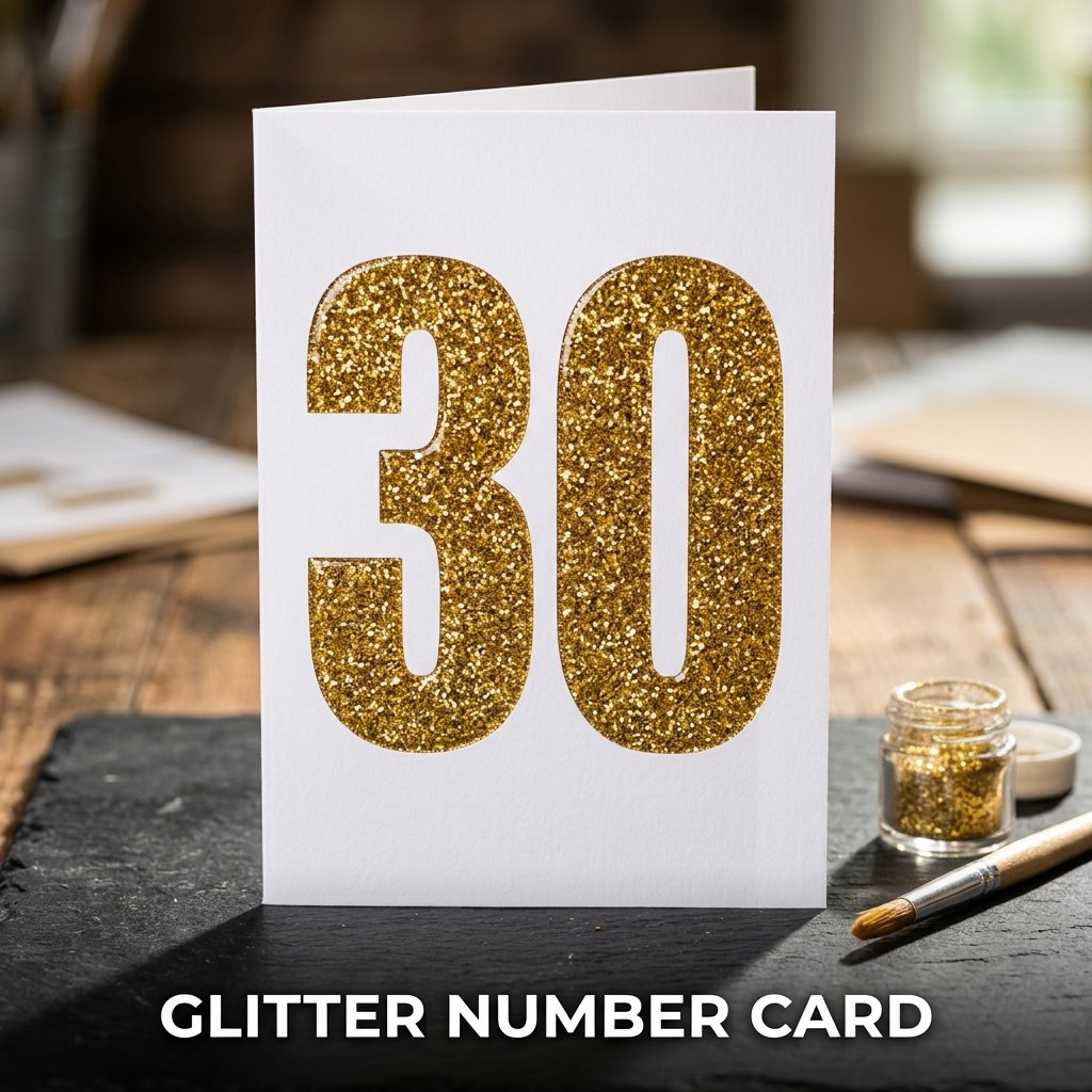 A milestone birthday card showcasing a large block number 30 filled with sparkling silver glitter and sealed perfectly on a white background