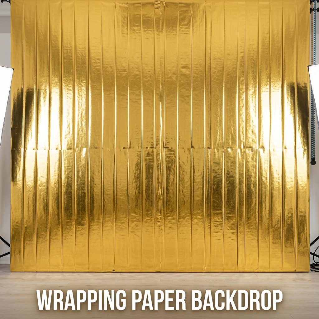 A glamorous photography background created from clean, seamless vertical strips of overlapping reflective metallic gold foil wrapping paper