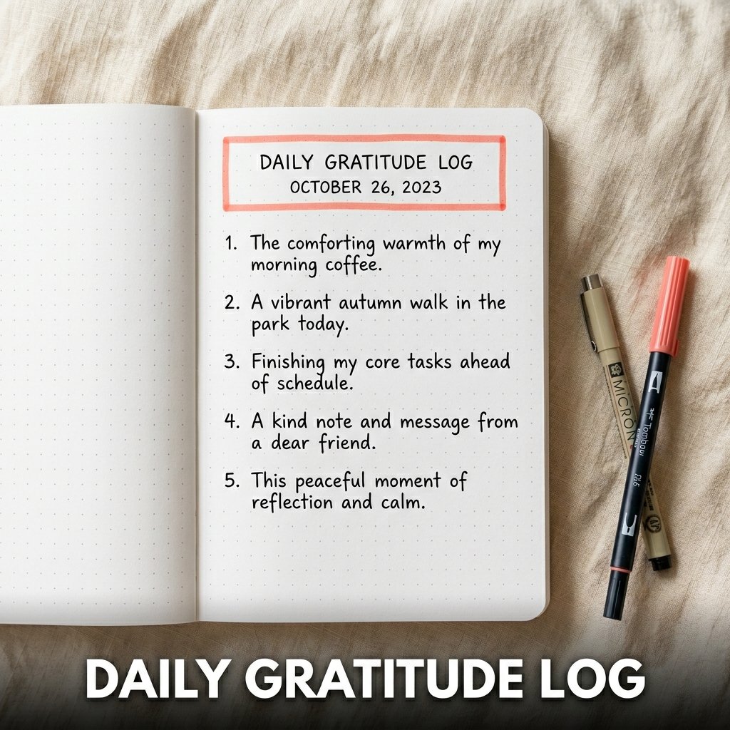 A neatly formatted journal page featuring a numbered list of handwritten daily gratitude points beneath a colorful hand-drawn border