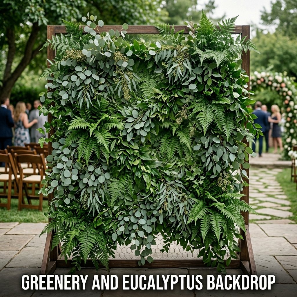 A refreshing botanical background featuring lush artificial silver dollar eucalyptus and green fern fronds securely layered over a chicken wire frame