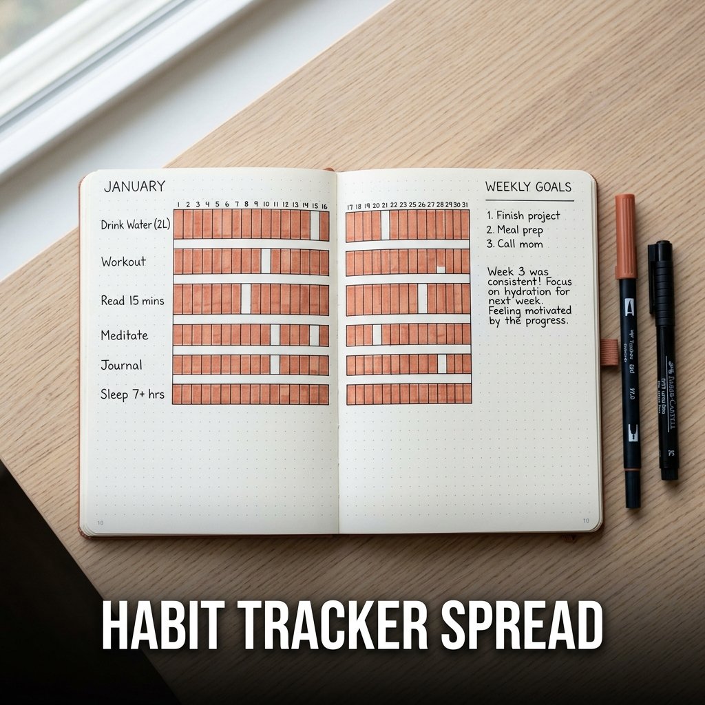 A crisp geometric matrix table listing daily habits like water intake and reading, filled with solid purple squares for completed days