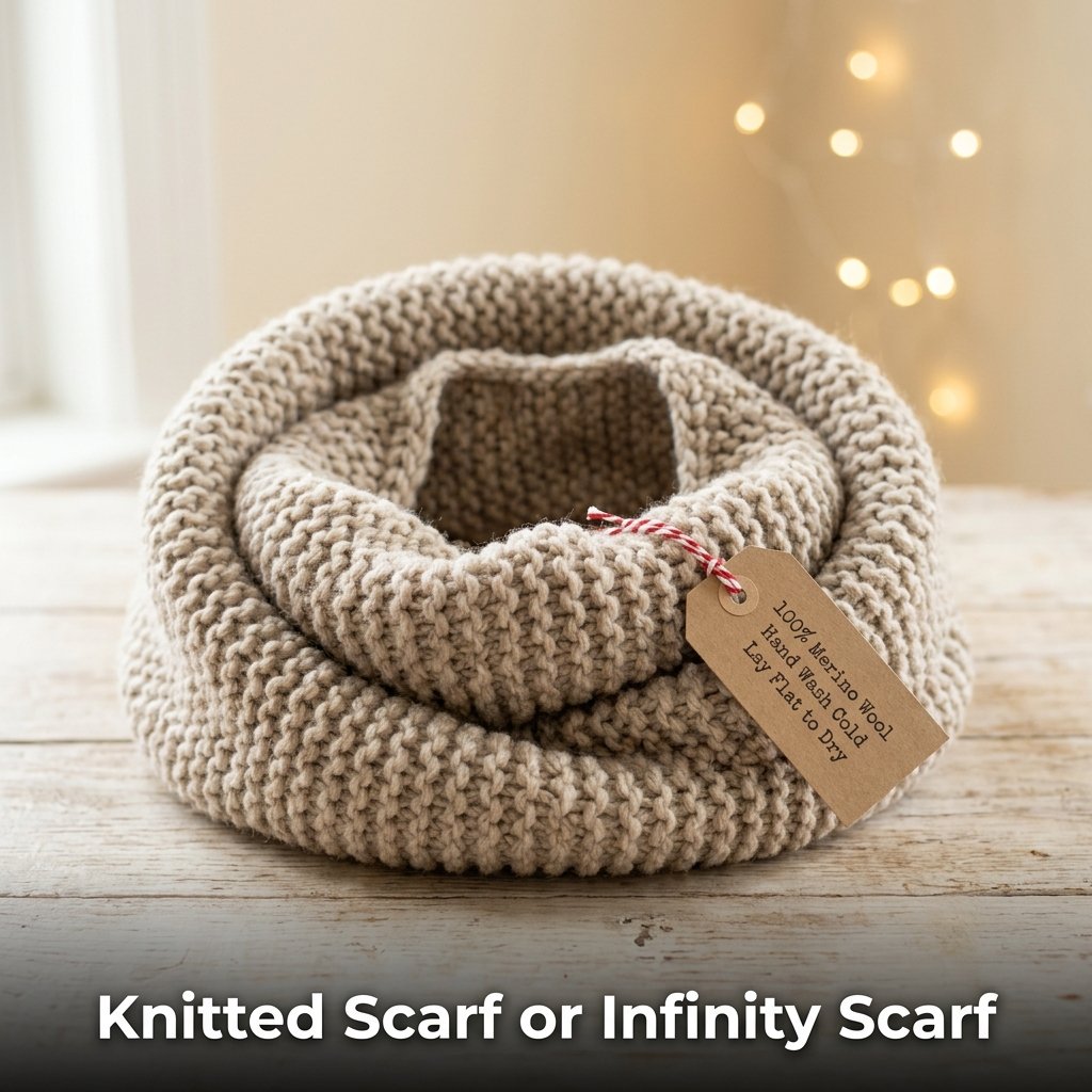 A thick, chunky oatmeal-colored knitted infinity scarf draped elegantly over a winter coat