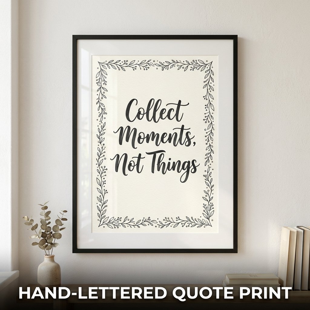 An elegant piece of heavy cardstock featuring a meaningful quote written in bold black brush calligraphy, framed in a sleek black frame.
