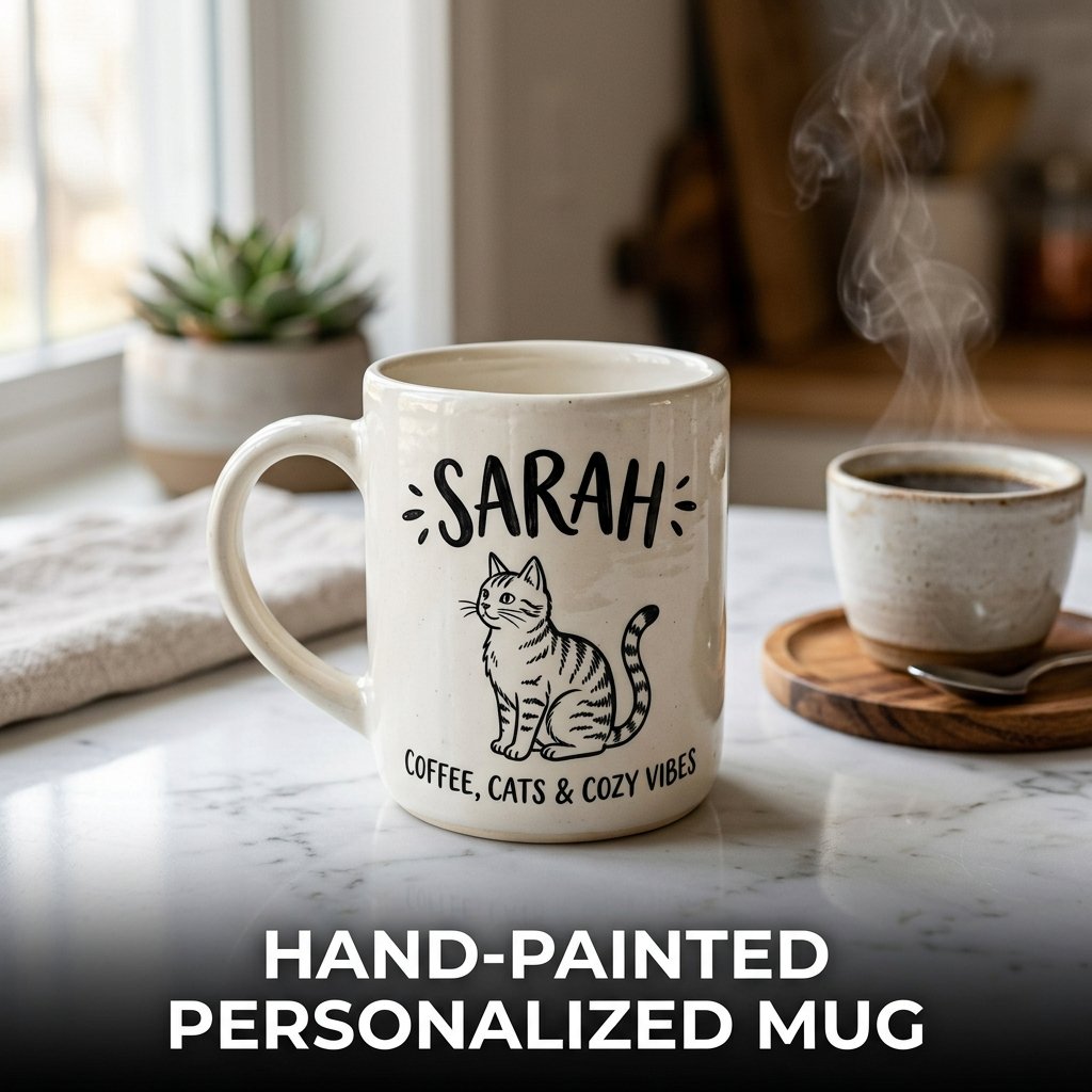 A close-up of a white ceramic mug featuring a hand-painted black line art illustration of a cat next to a personalized name written in elegant metallic gold lettering