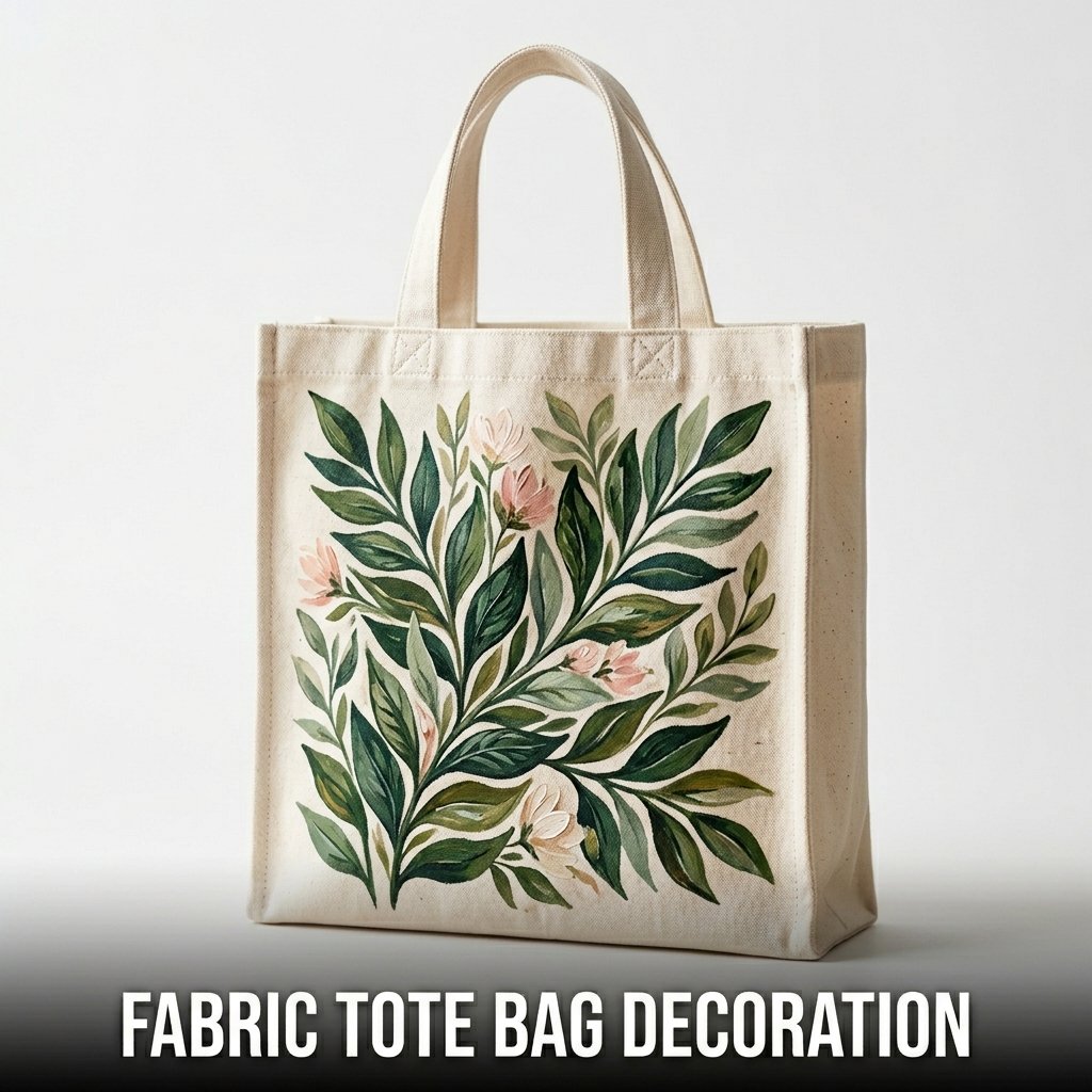 Decorated fabric tote bag with painted canvas design and beginner DIY craft style