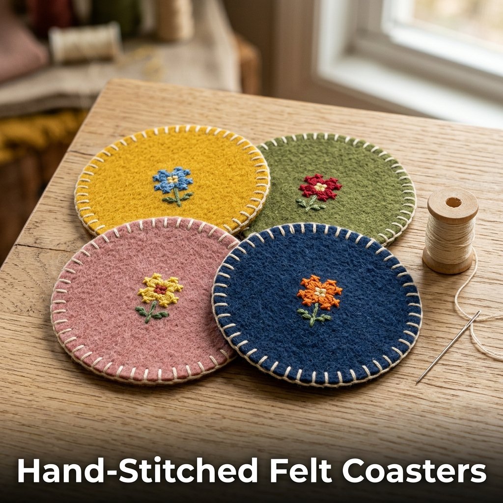 Four circular felt coasters in contrasting grey and teal colors, featuring neat blanket stitching around the borders