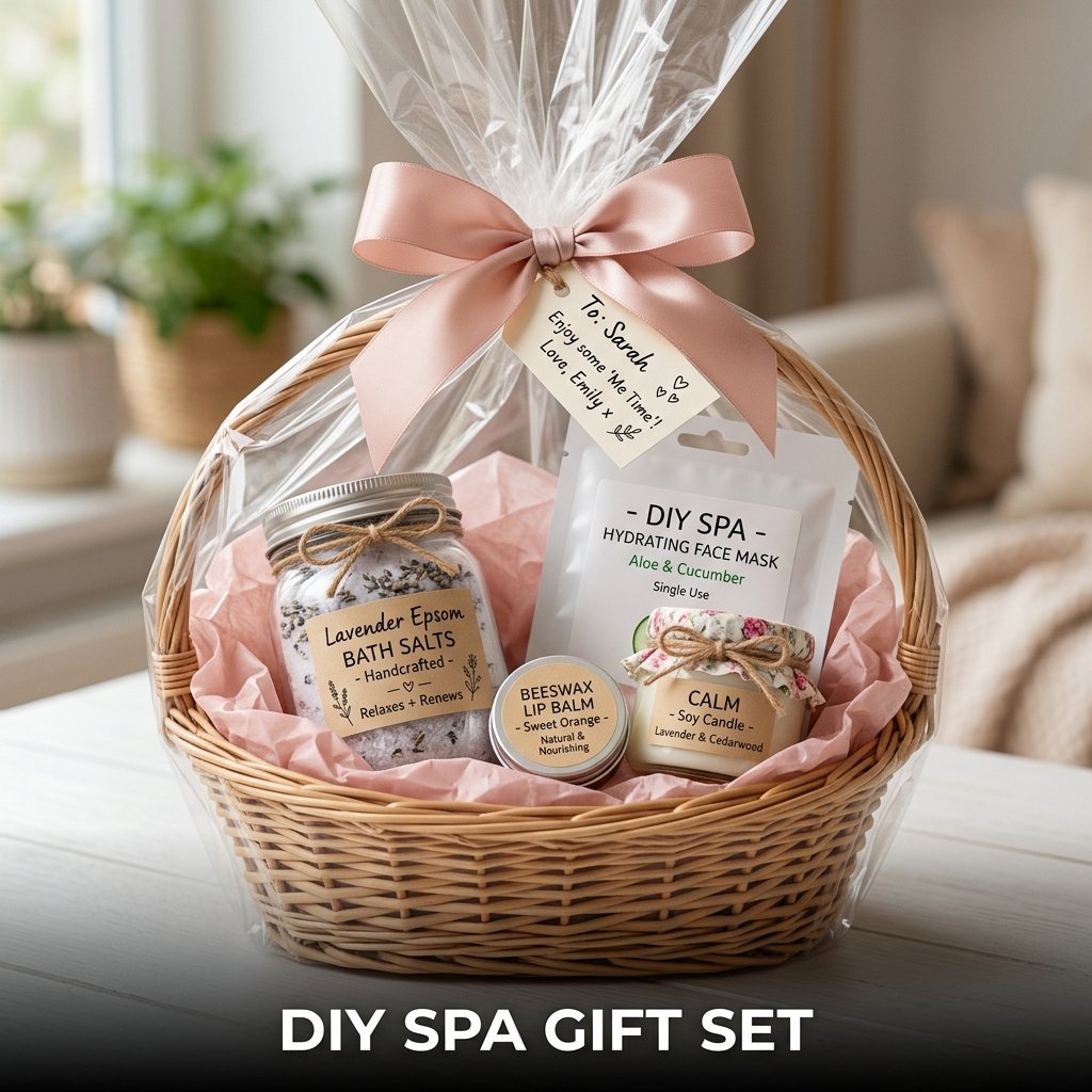 A curated wicker gift basket filled with a glass jar of purple lavender bath salts, a handmade beeswax lip balm tin, and a rolled linen washcloth wrapped in clear cellophane.