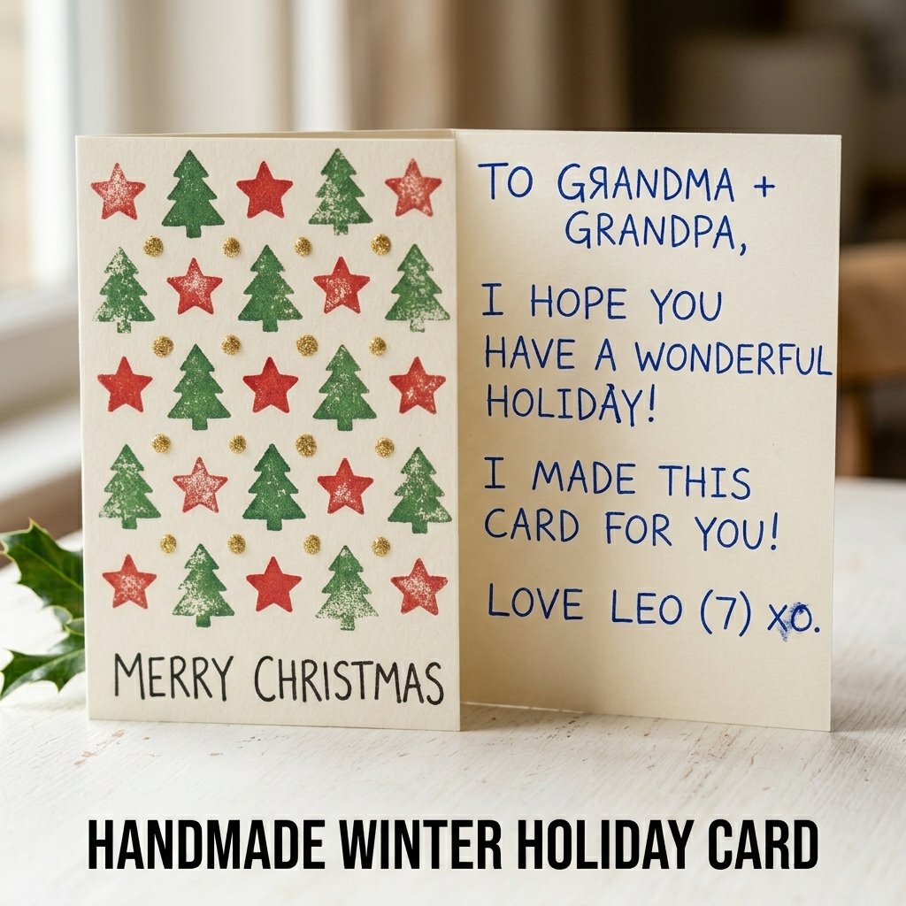 A folded piece of cardstock decorated with a potato-stamped green Christmas tree and a red border