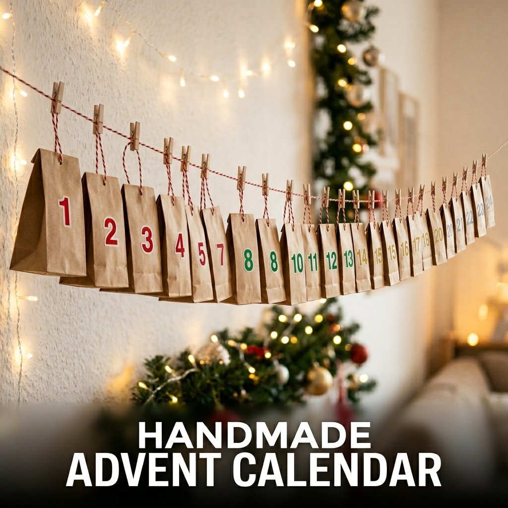A wall-mounted advent calendar consisting of 24 small brown paper bags hung from a string with mini clothespins