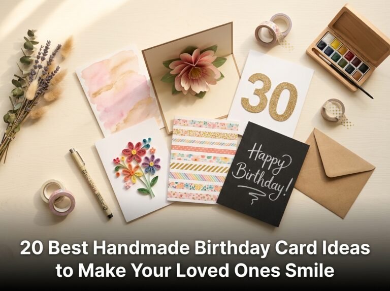 A collection of colorful DIY birthday cards including a 3D pop-up flower card, a vibrant watercolor wash design, and a personalized photo collage card on a desk