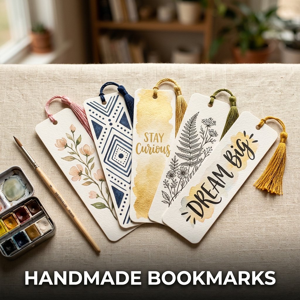 A set of three watercolor-painted cardstock bookmarks, each finished with a delicate handmade embroidery floss tassel
