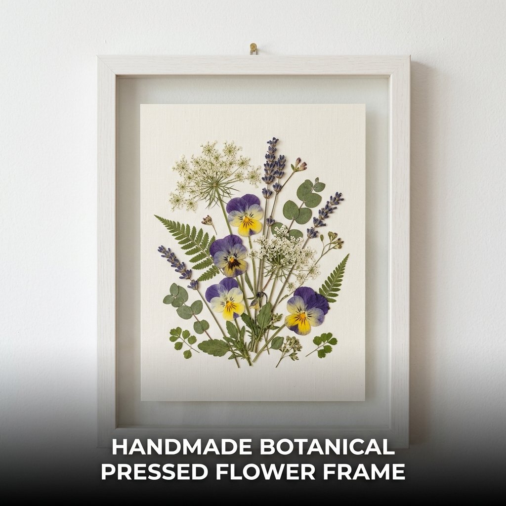 A minimalist transparent double-glass frame elegantly preserving vibrant dried pansies, lavender stems, and delicate green ferns.