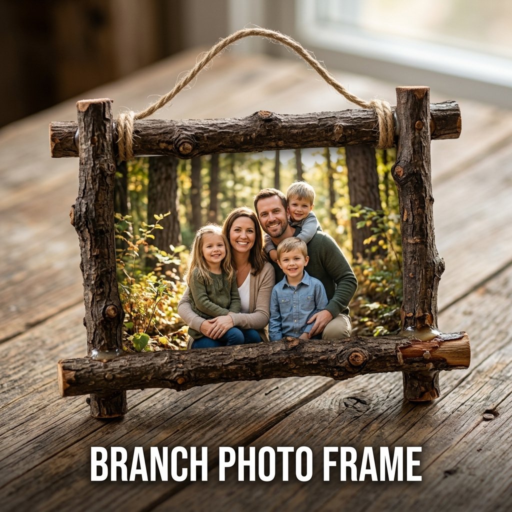A rustic rectangular picture frame constructed from four light brown twigs glued at the corners, holding a printed photo suspended by a piece of jute twine.