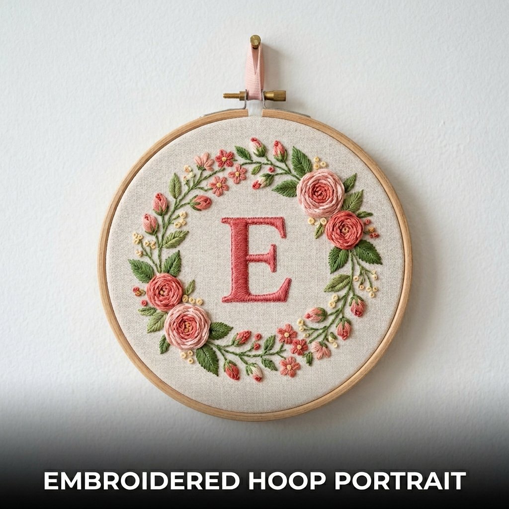 A circular wooden embroidery hoop showcasing taut white cotton fabric with a beautifully hand-stitched colorful floral initial monogram.