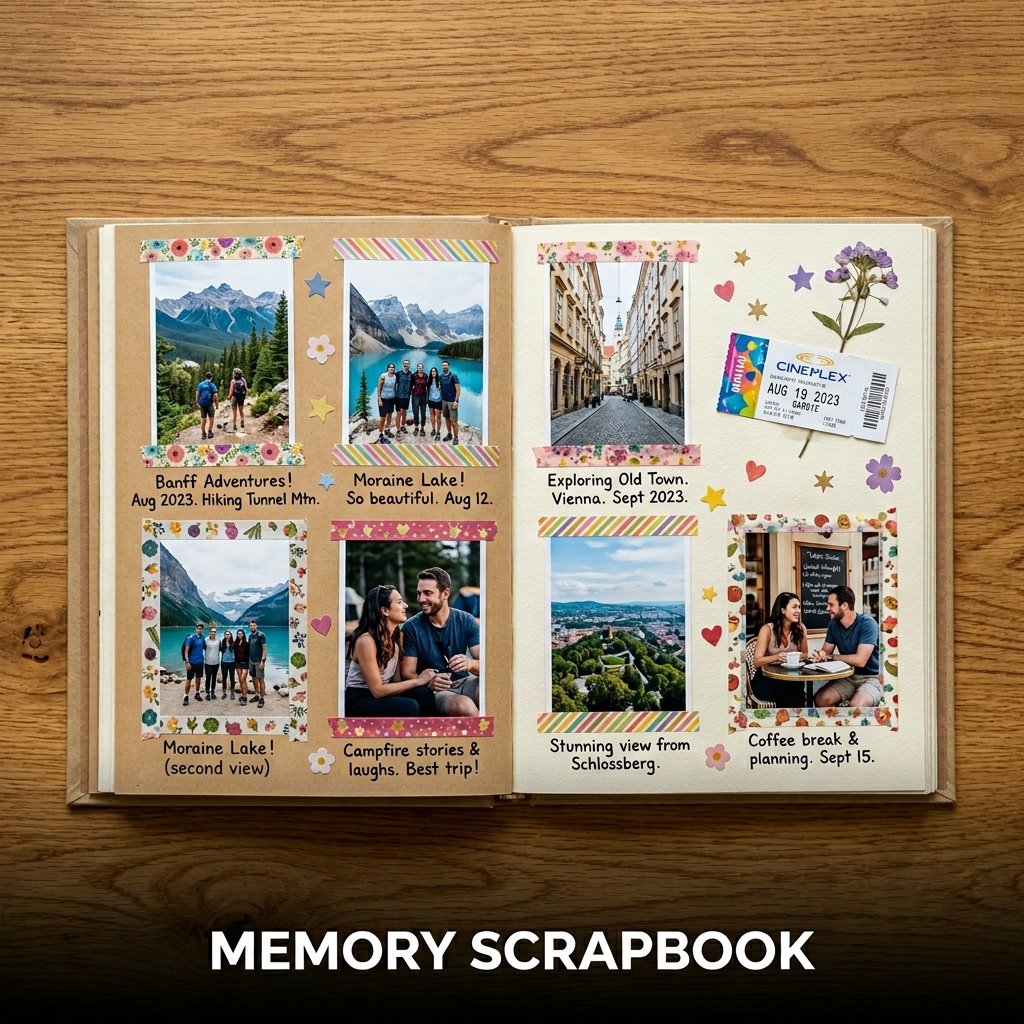 An open kraft paper scrapbook page displaying printed vacation photos, retro concert ticket stubs, and handwritten captions bordered with patterned washi tape.