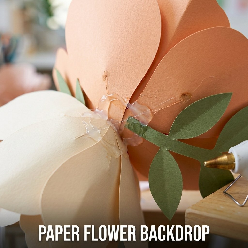 A beautiful wall display featuring large, meticulously crafted 3D cardstock flowers in shades of cream and blush pink accented by delicate paper leaves.