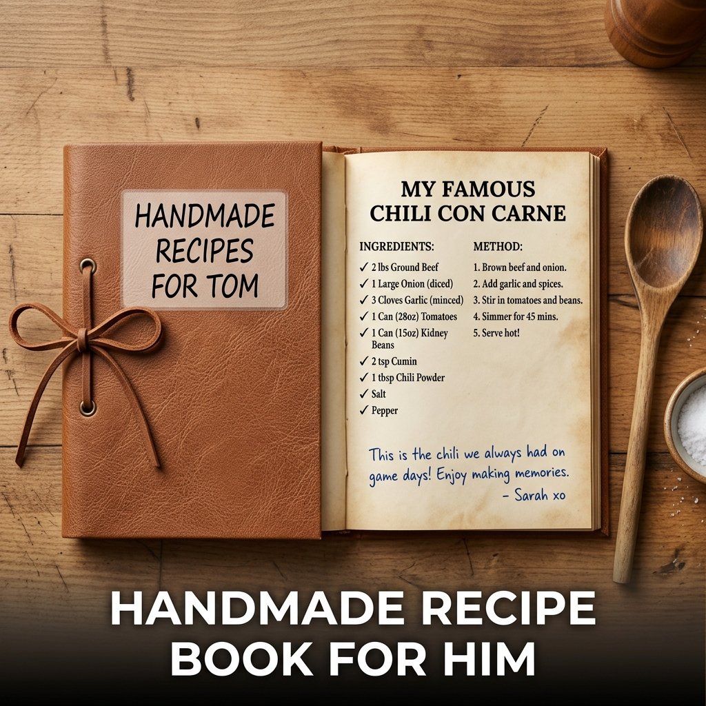 : A masculine custom cookbook featuring a textured dark leather-effect cover bound securely with thick brown leather cording.