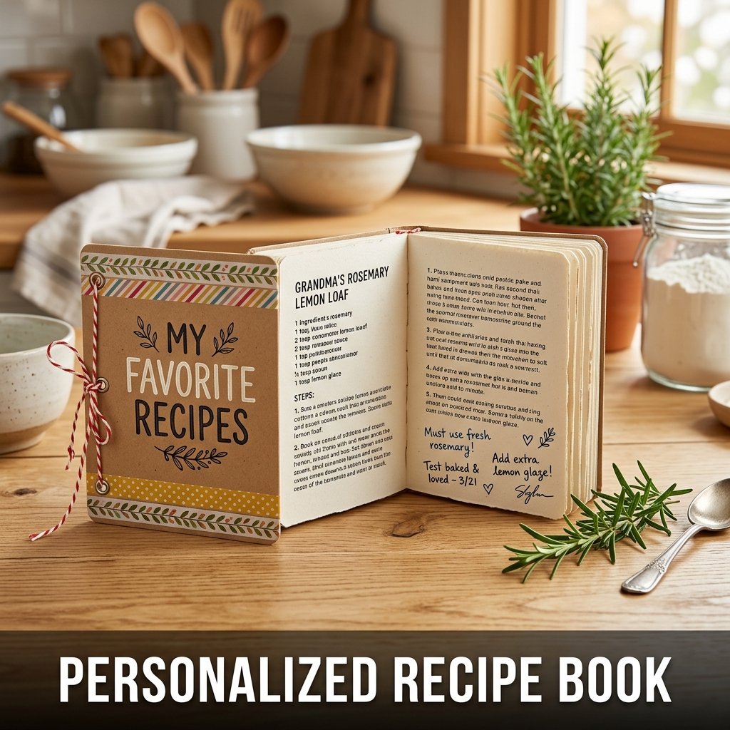 A handmade A5 recipe booklet with a brown kraft paper cover, decorated with colorful washi tape and a handwritten title