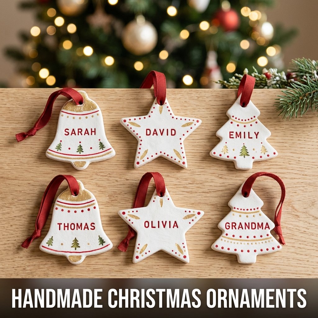 A set of white salt dough Christmas ornaments shaped like stars and bells, stamped with family names