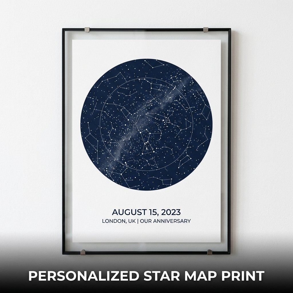 A sleek black photo frame enclosing a minimalist custom star chart showing white constellations on a deep navy-blue background with a printed 2-line sentimental caption.