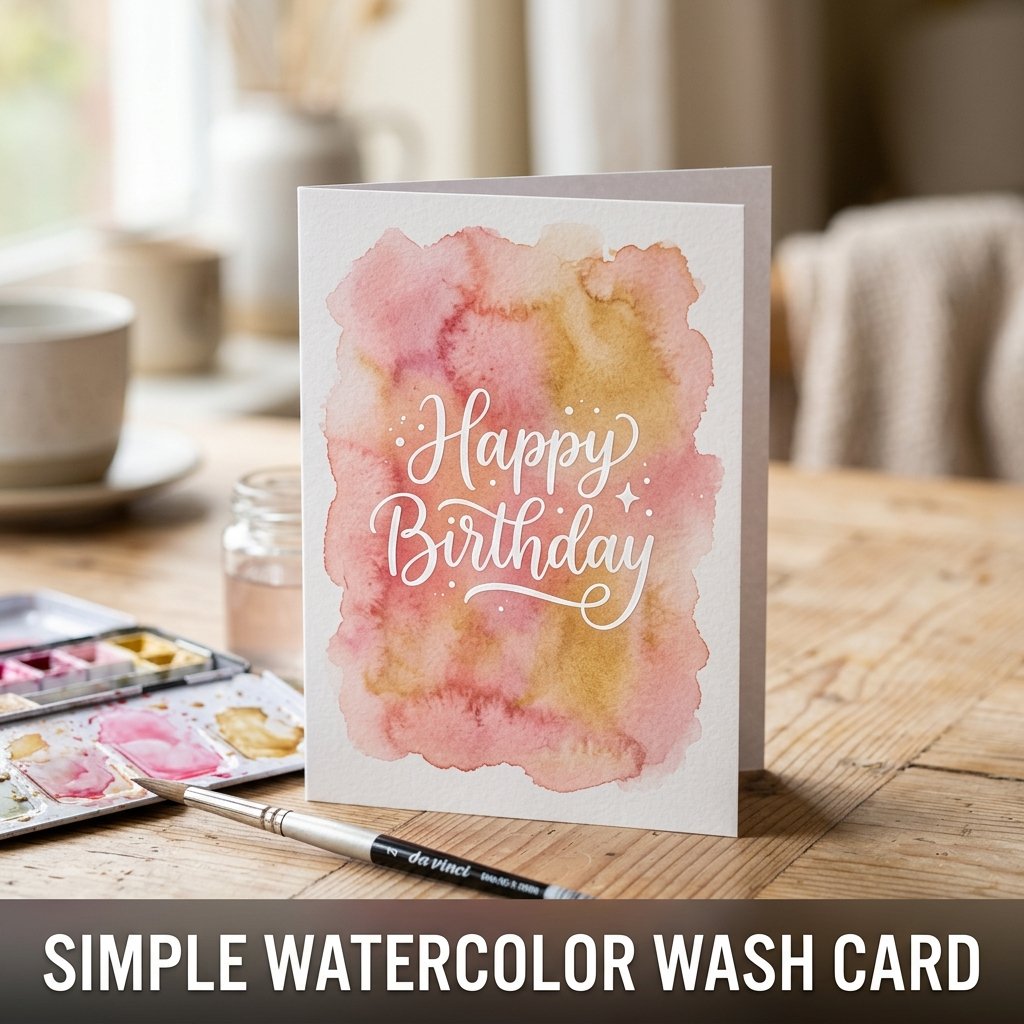 A handmade birthday card featuring a soft blend of pink and blue watercolor paint washed across white cardstock with neat black hand-lettering in the center