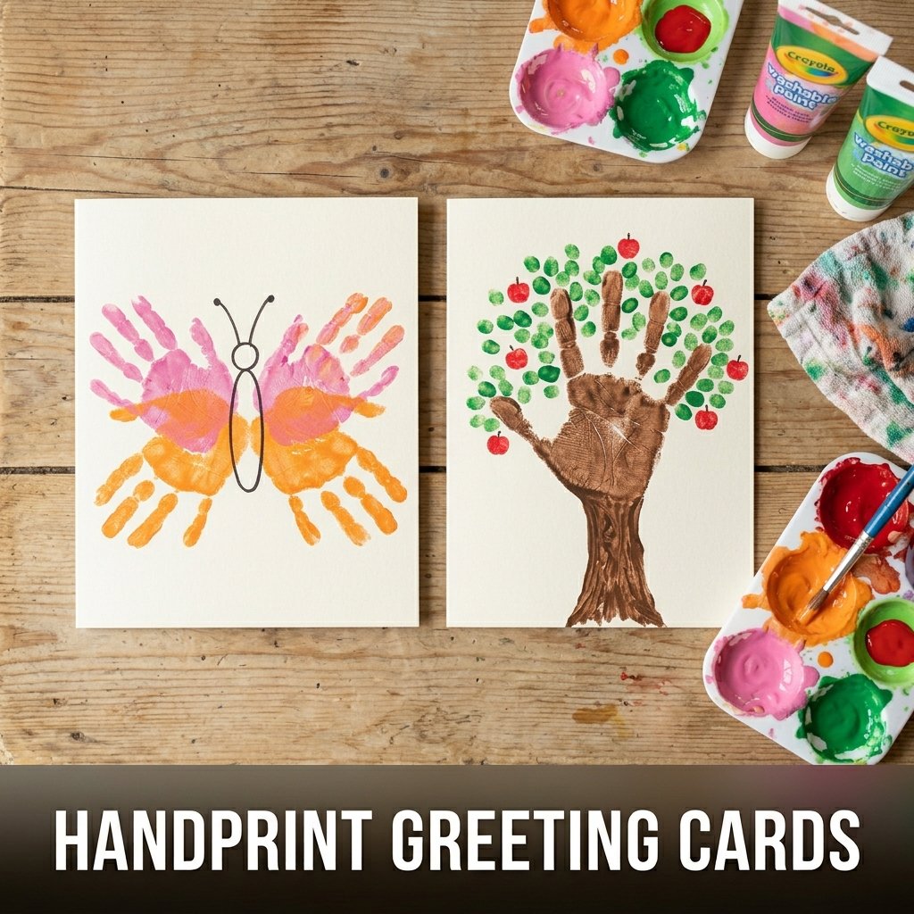A folded white card featuring two colorful handprints joined at the palms to form the wings of a painted butterfly