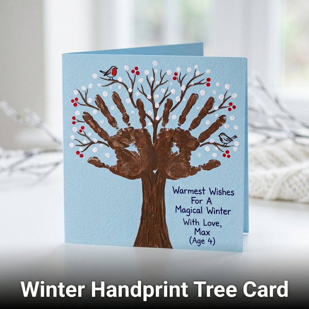 Two brown handprints joined at the wrist to create a bare tree silhouette on a light blue background