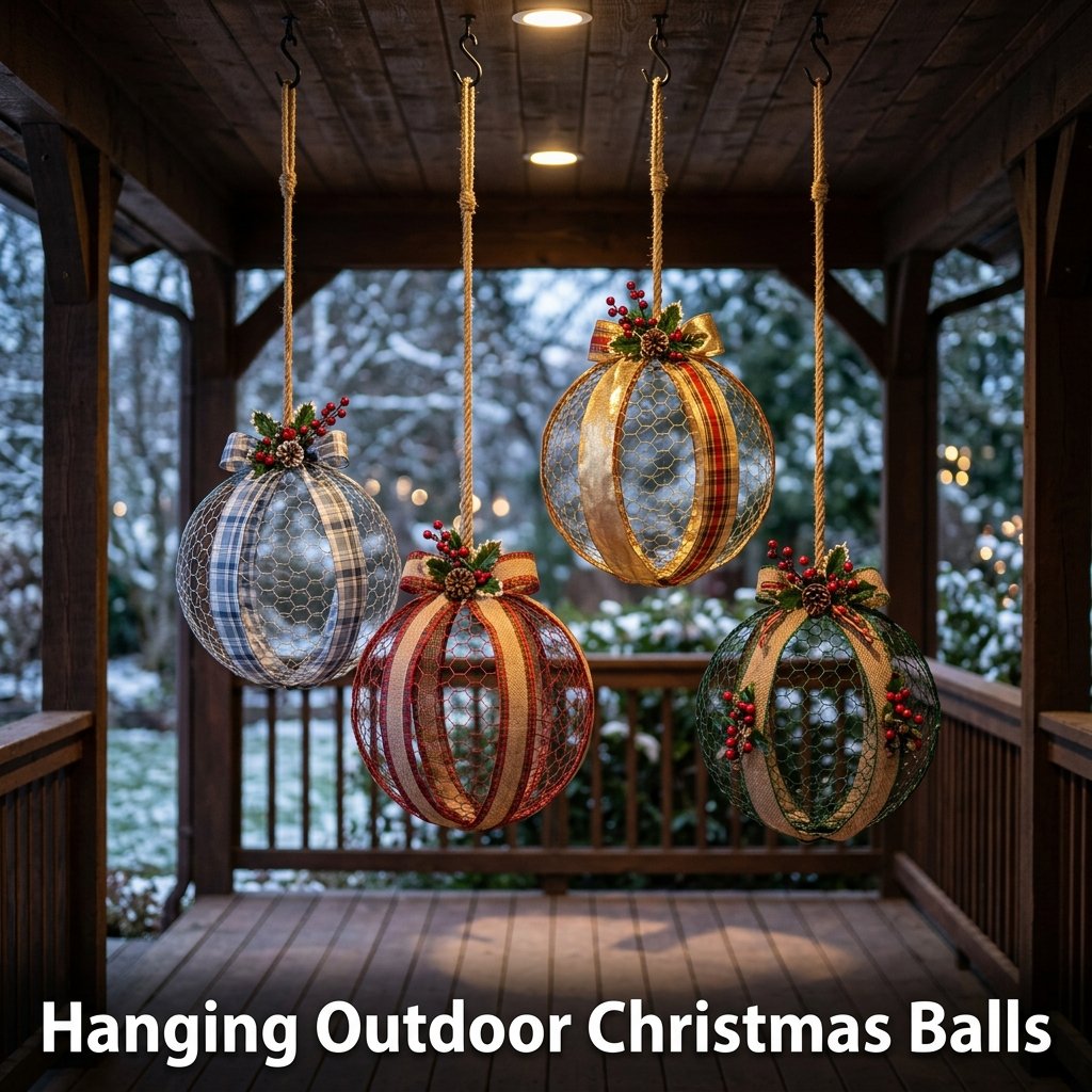 Large 12-inch wire spheres painted in brilliant metallic red and emerald green, hanging by thick jute ropes from a covered porch ceiling