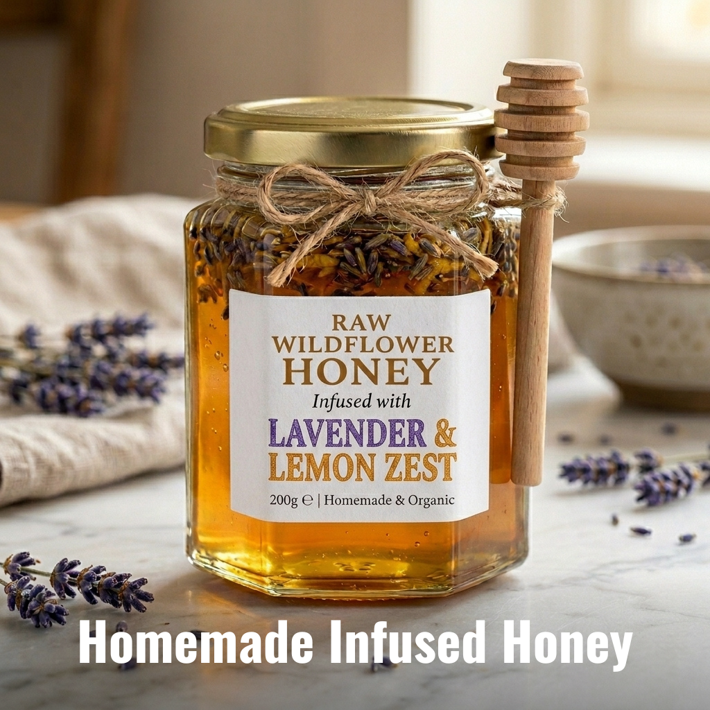A small glass jar of raw wildflower honey infused with fragrant dried lavender buds and bright lemon zest