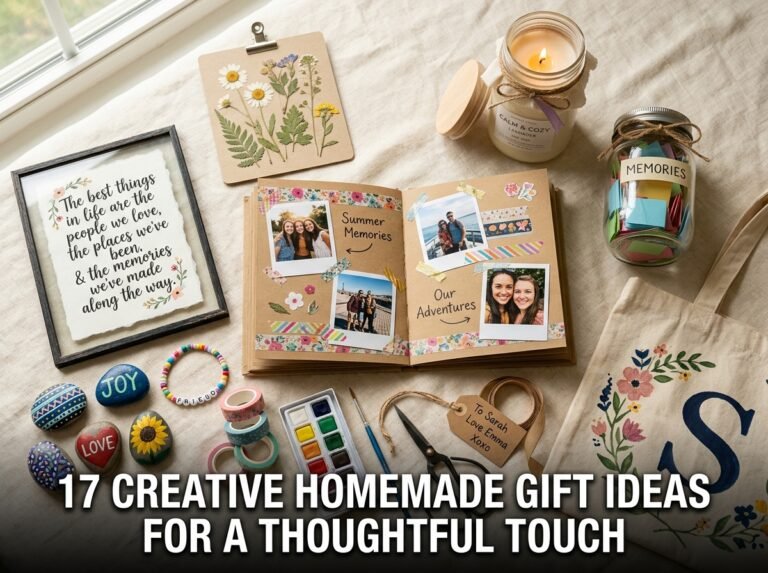 A beautiful arrangement of creative homemade gifts including a hand-poured soy candle, a rustic memory jar tied with twine, and a hand-lettered quote print on a cozy wooden table
