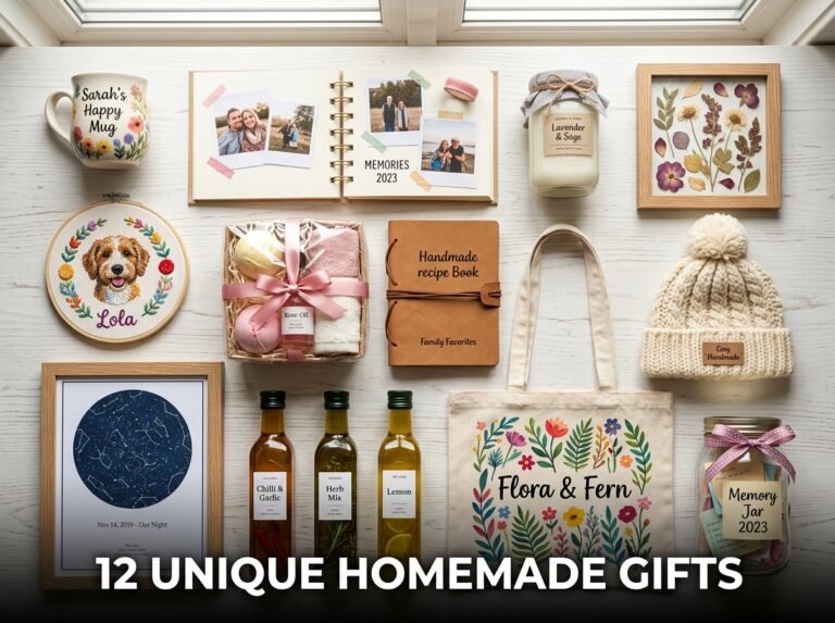 A collection of beautifully packaged unique homemade gifts on a rustic wooden table, featuring a hand-painted ceramic mug, a custom soy candle, and a framed pressed flower arrangement tied with twine