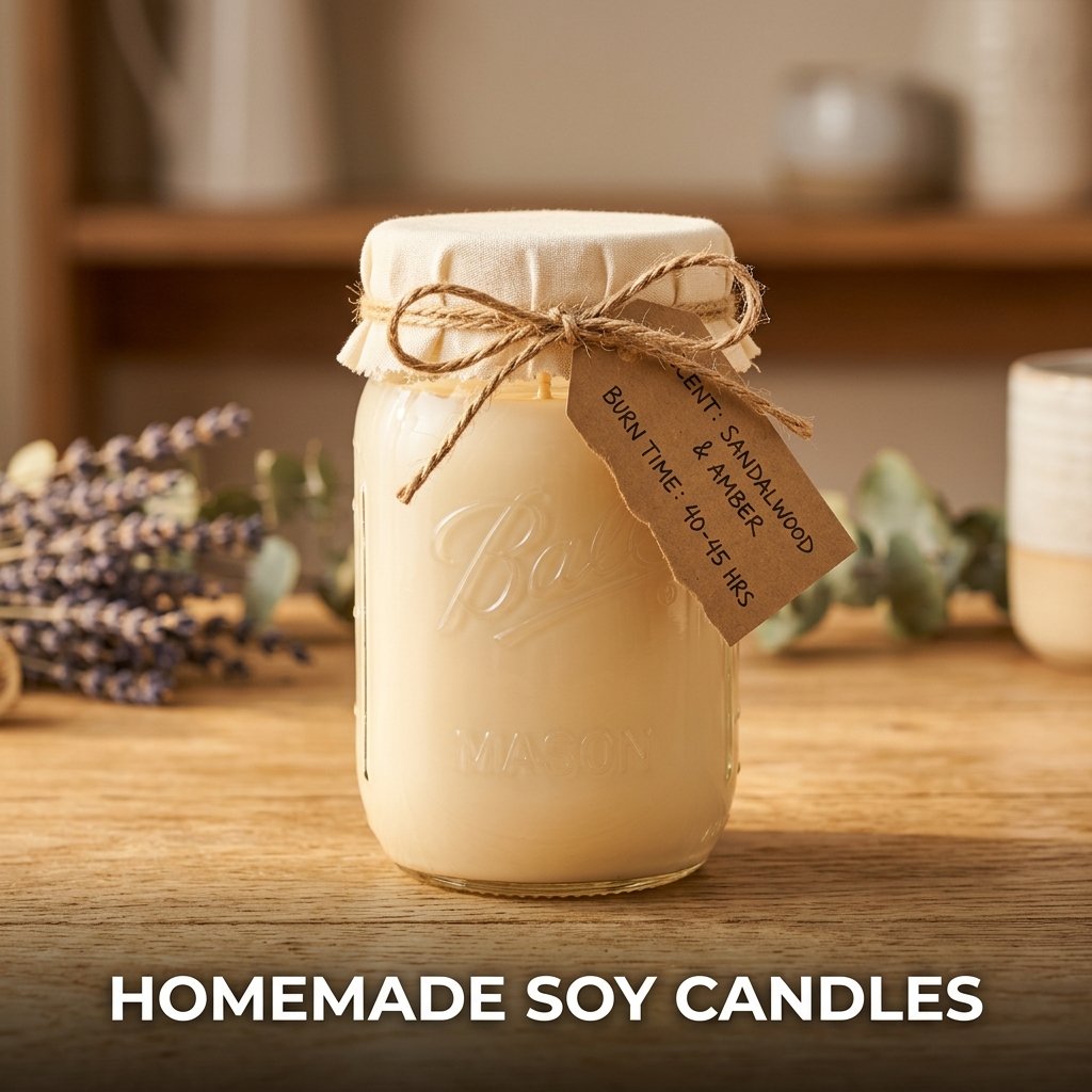 Three hand-poured soy candles in glass mason jars with neat cotton wicks, resting on a rustic wooden tray