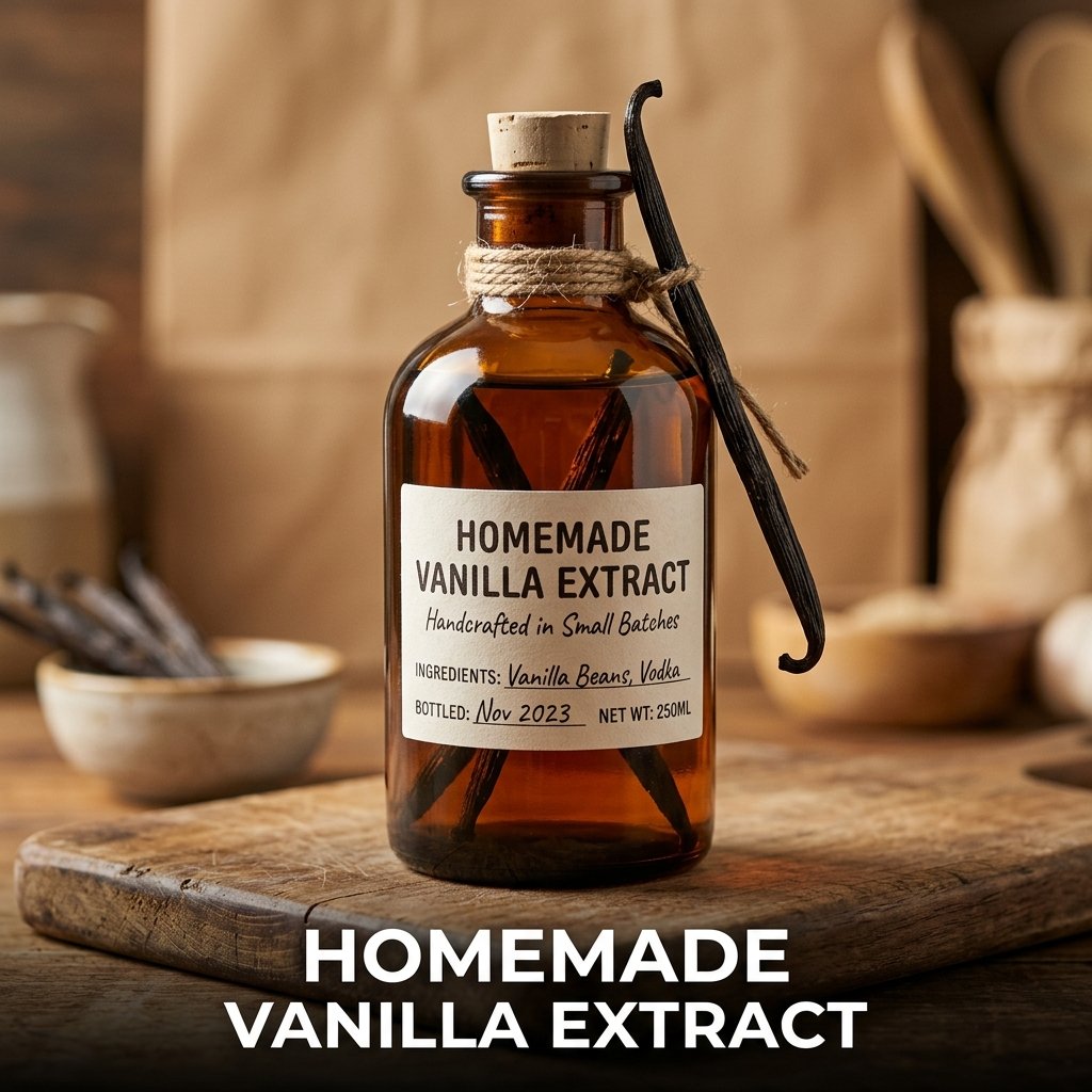 A dark amber glass bottle of homemade vanilla extract with three visible split vanilla beans submerged inside