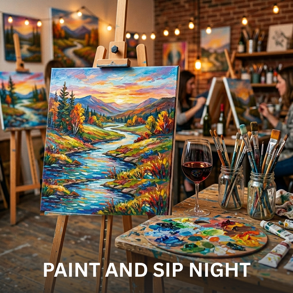A row of brightly lit tabletop easels holding canvas boards of sunset landscapes, next to half-filled wine glasses on a long studio table