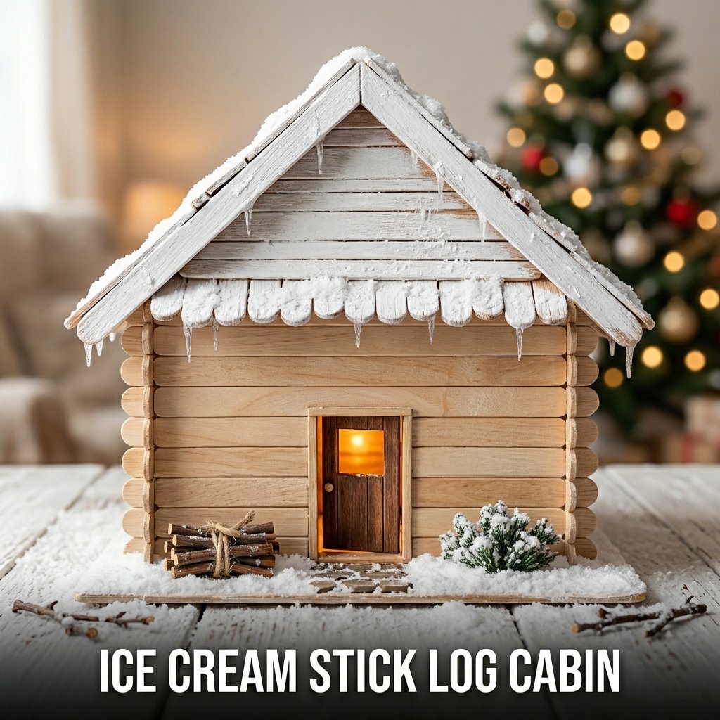 A small 3D cabin model made from brown wooden craft sticks with a white-painted roof to simulate snow