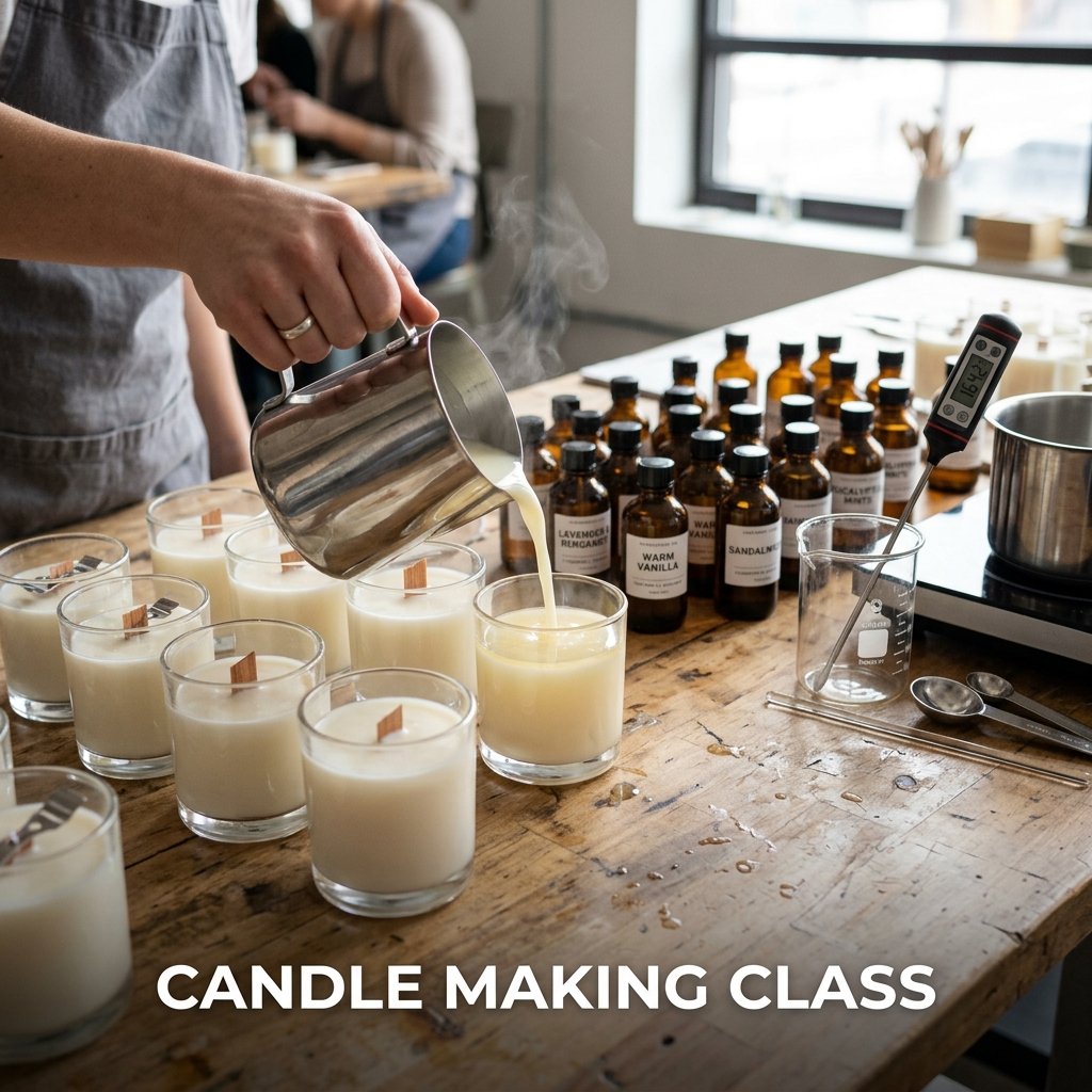 A participant carefully pouring clear, melted soy wax from a metal pitcher into a clear glass jar fitted with a centered cotton wick