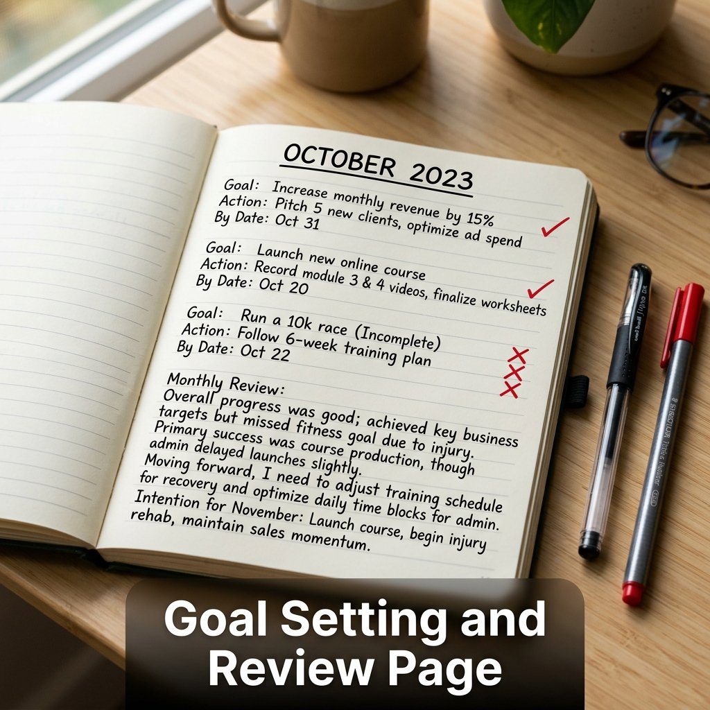A structured monthly review spread displaying a clean three-part goal format at the top and a brief, four-sentence reflection paragraph at the bottom