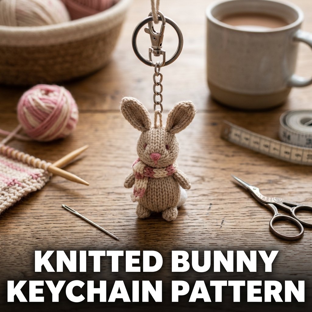 Knitted bunny keychain pattern with cute handmade plush details for a charming DIY accessory design
