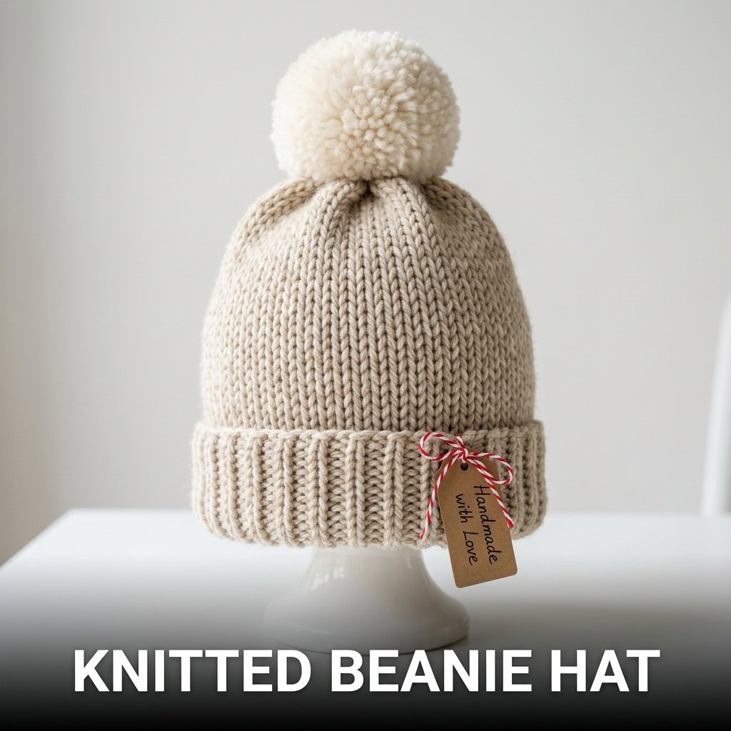 A cozy, chunky-knit winter beanie hat crafted from thick heather grey merino wool yarn, complete with a fluffy, oversized matching yarn pompom on top.