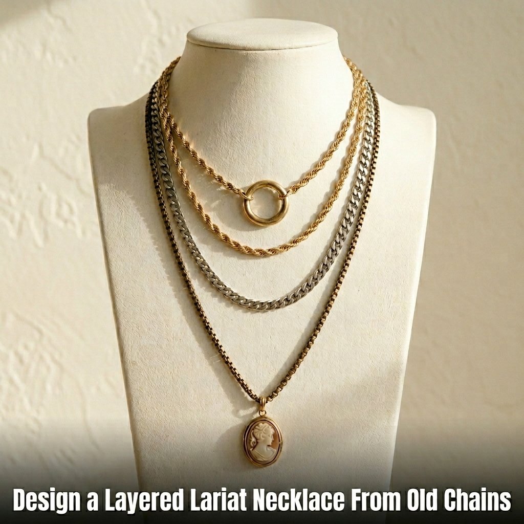 Three different antique chains joined by a large jump ring with a small vintage cameo hanging at the end
