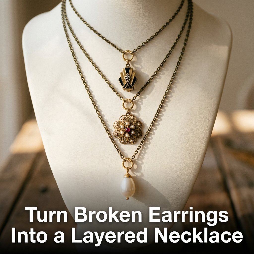 Three mismatched vintage gold earrings attached to a delicate antique chain with silver jump rings