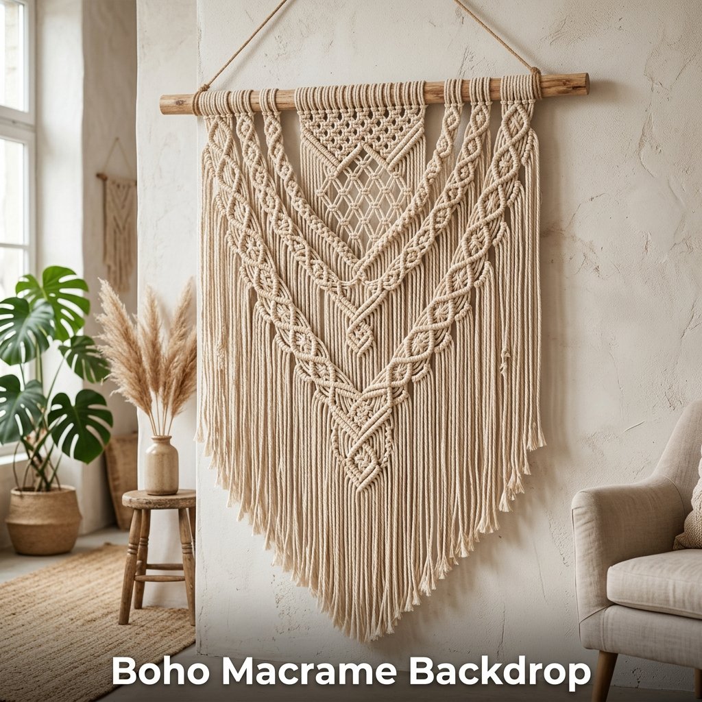 A detailed bohemian-style textile art piece featuring intricate cotton rope knots and long fringe hanging from a natural wood dowel.