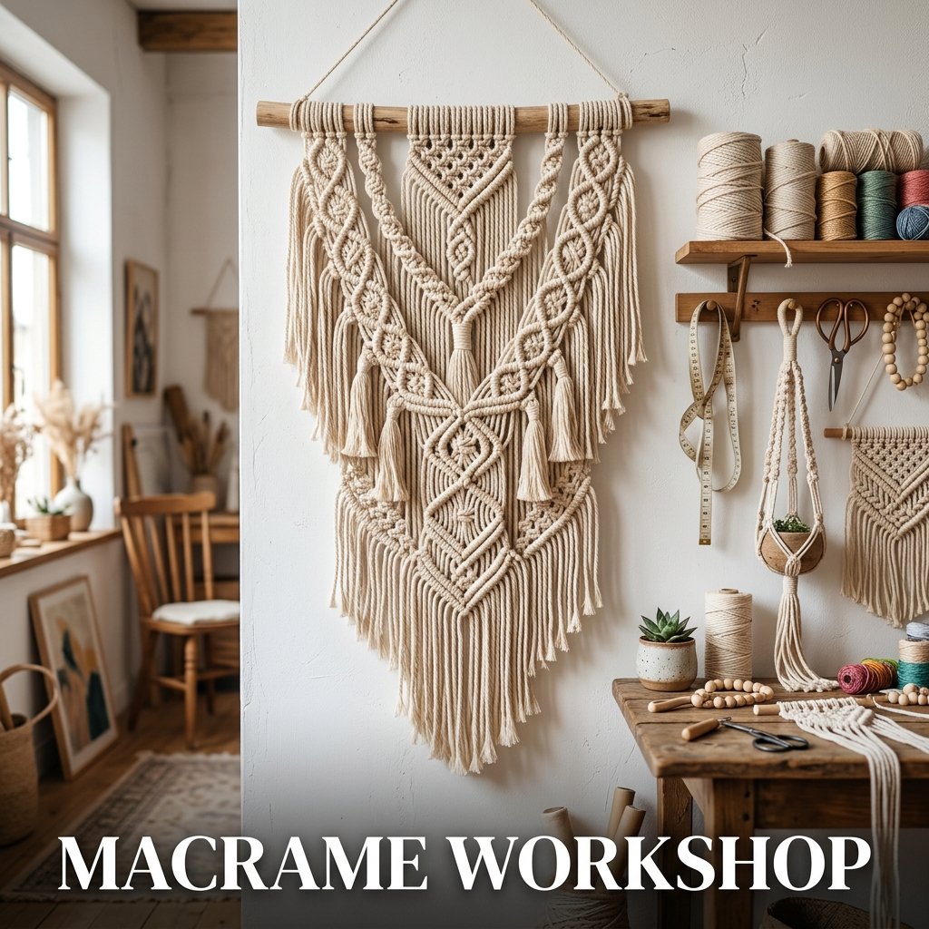 : A systematic display of a thick cream-colored cotton cord being woven into an intricate geometric patterned wall hanging suspended from a smooth wooden dowel.