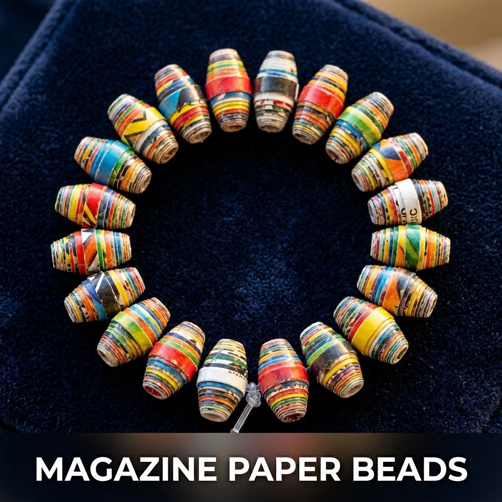 A handmade bracelet made from vibrant, multi-colored paper beads rolled from glossy magazine strips and strung onto an elastic cord