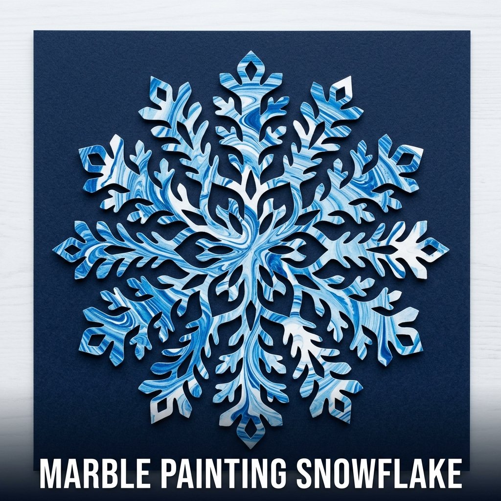 A circular paper snowflake featuring a blue and white swirled marble-painted pattern
