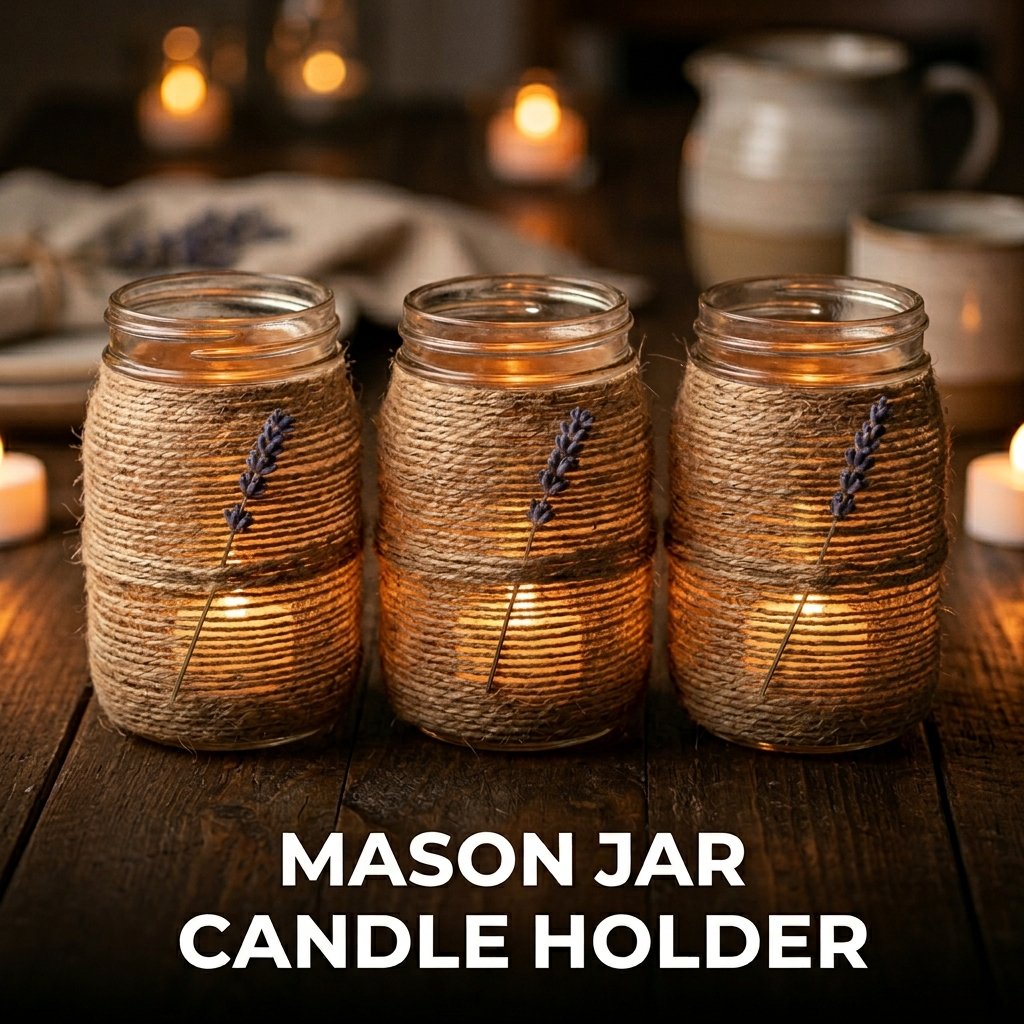 A cluster of half-pint mason jars used as candle holders, emitting a warm glow from LED tea lights through frosted glass
