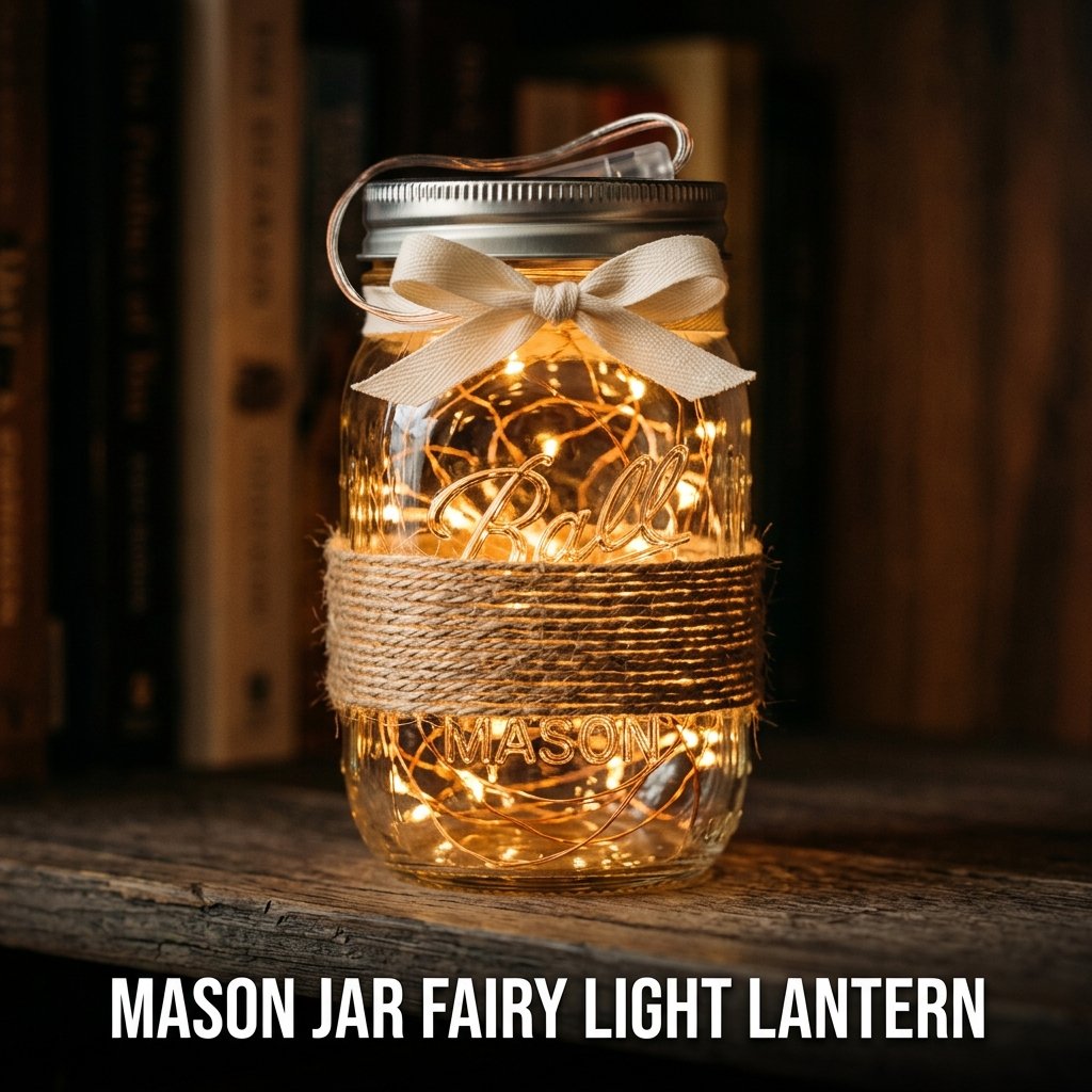 A cozy indoor scene featuring a pint-sized glass mason jar filled with glowing copper wire LED fairy lights on a wooden bookshelf
