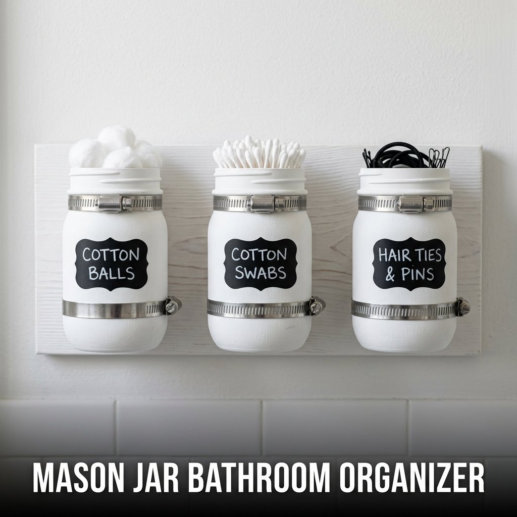 Three pint-sized mason jars mounted on a wooden wall plaque, holding cotton swabs, hair ties, and cotton balls in a bathroom
